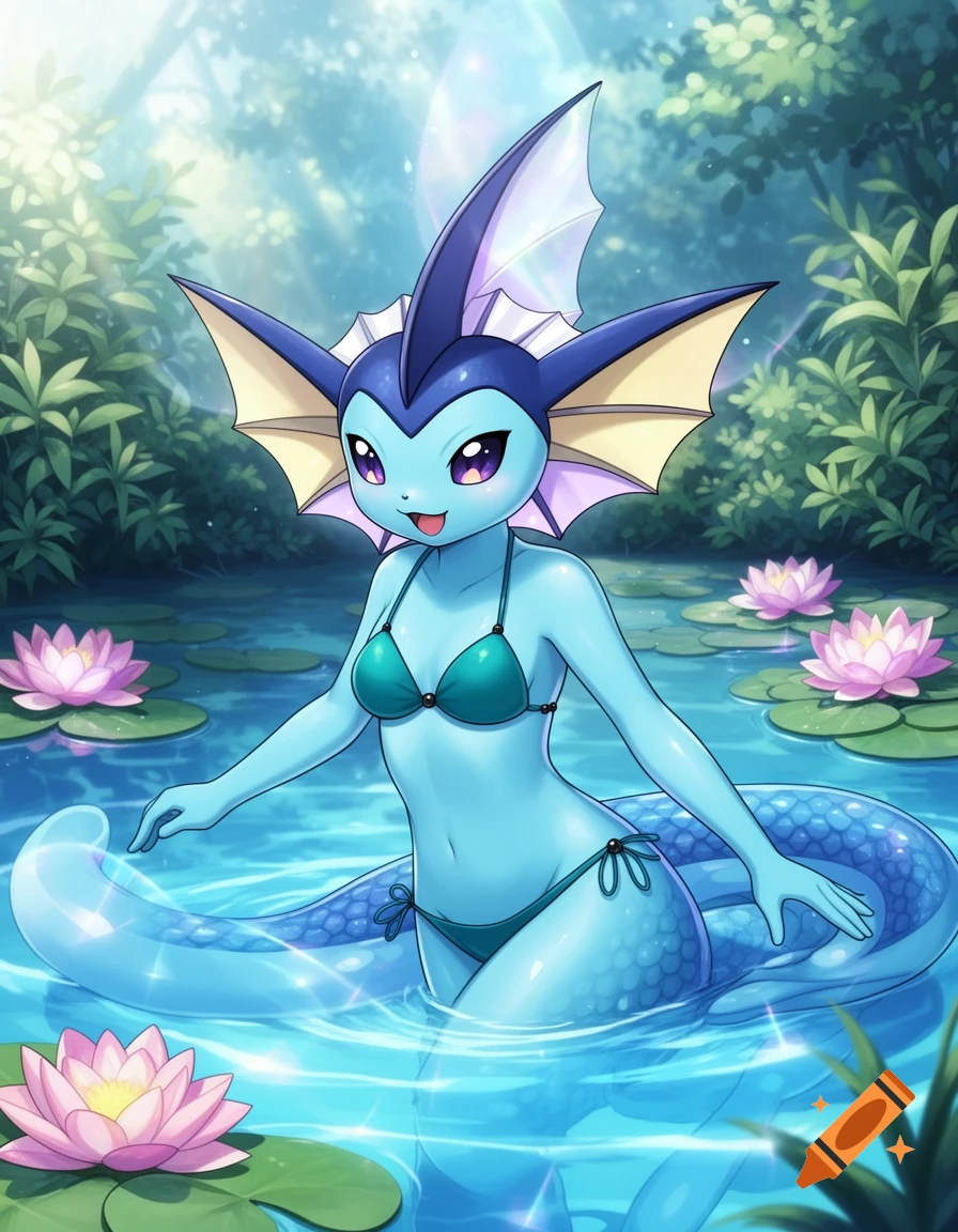 An anime-style Vaporeon Pokémon in a teal bikini stands in a pond filled with pink water lilies under dappled sunlight.