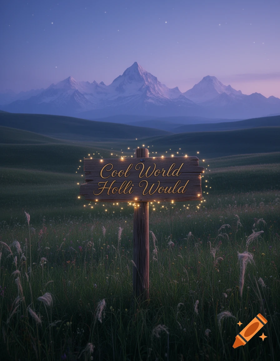 A wooden sign with glowing lights displaying "Cool World Holli Would" in a grassy field, under a dusk sky with mountains and stars.