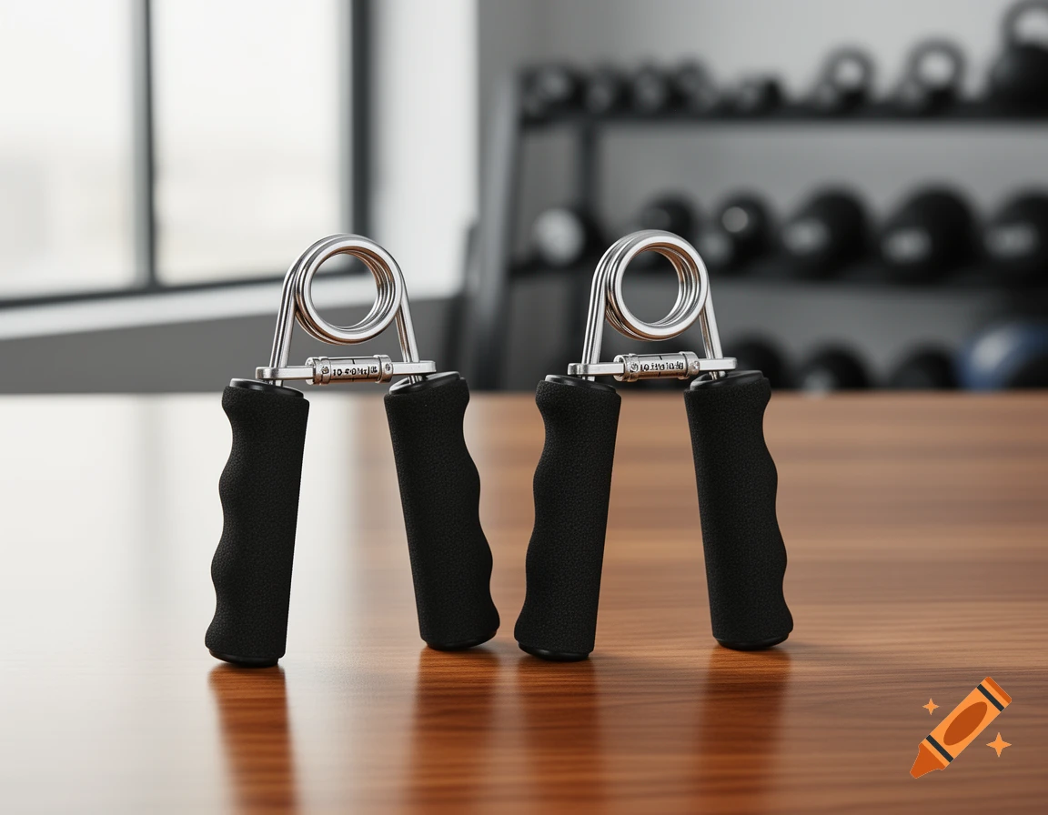 Two black and silver hand grippers with coiled springs sit on a polished wooden table in a gym setting.