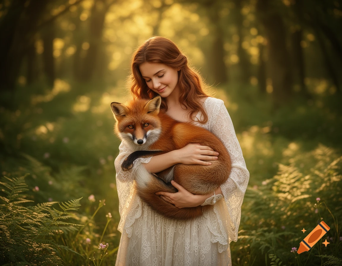 A woman with long red hair wearing a white lace dress gently hugs a red fox in a sunlit forest.