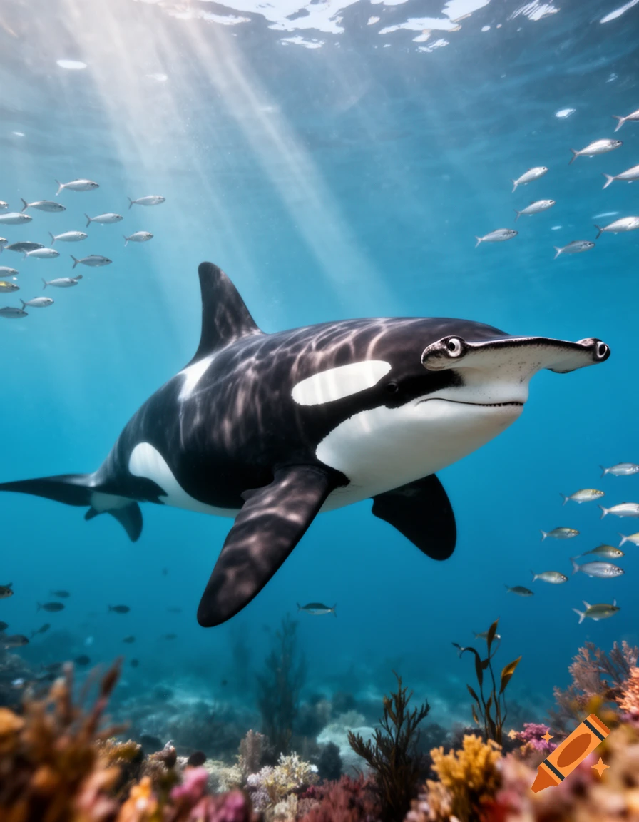 An orca with a hammerhead shark head swims underwater amongst coral and schools of small fish, with sunrays shining from above.