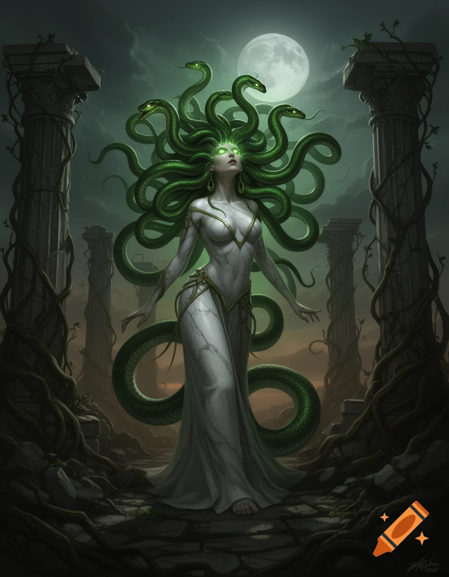 Medusa with glowing green eyes and hair of snakes stands between ruined columns under a full moon, wearing a white gown.