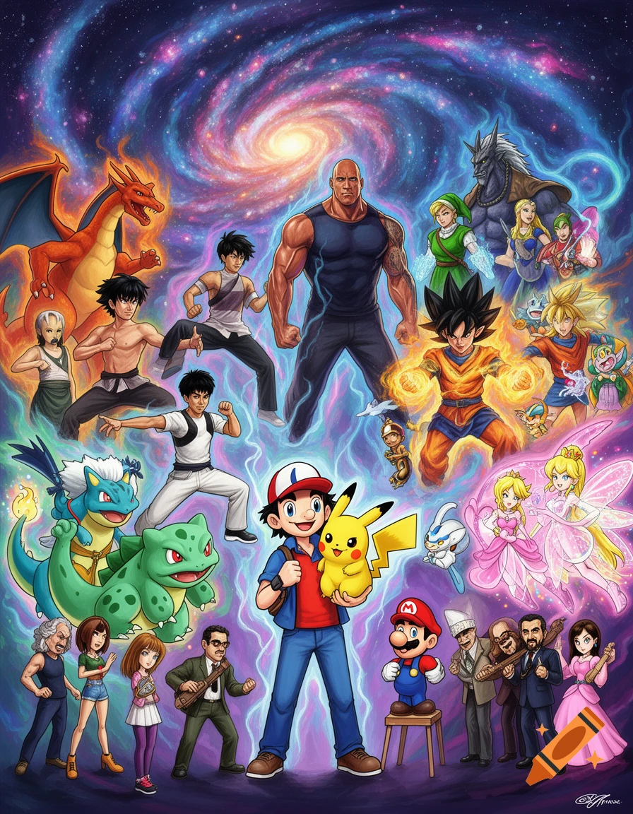 Ash with Pikachu stands among a large group of iconic pop culture characters including Goku, Mario, Link, Dwayne Johnson, Charmander, and Bulbasaur, all set against a vibrant cosmic galaxy background.