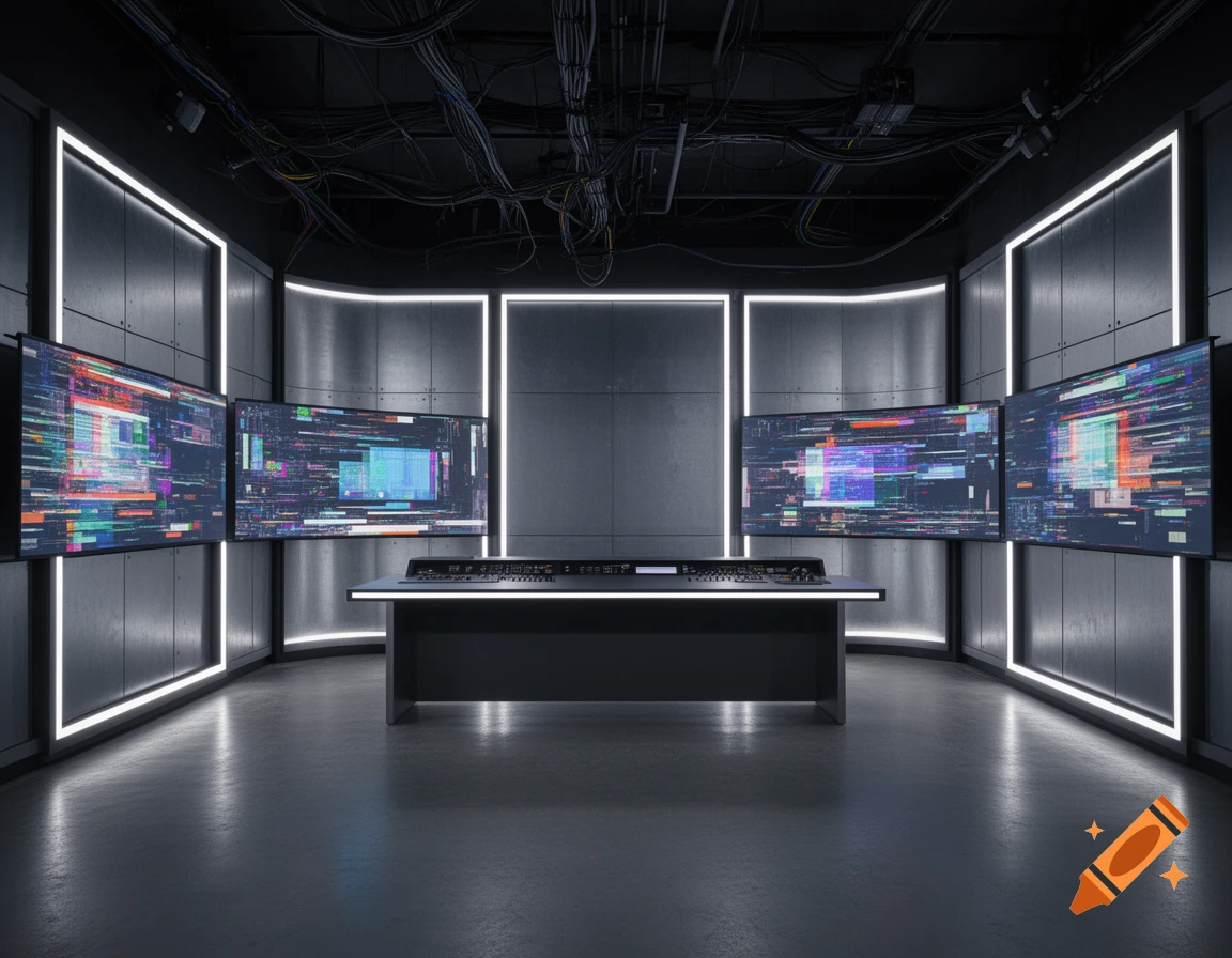A dark, futuristic control room featuring a long desk, multiple screens displaying colorful glitching data, and white glowing light frames on the walls.