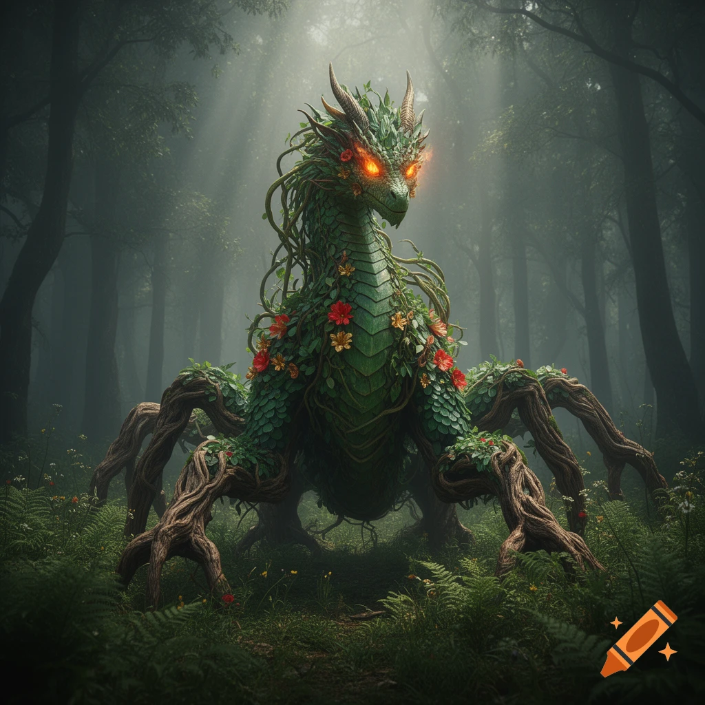A majestic plant dragon with glowing orange eyes and root-like legs stands in a misty, sunlit forest.