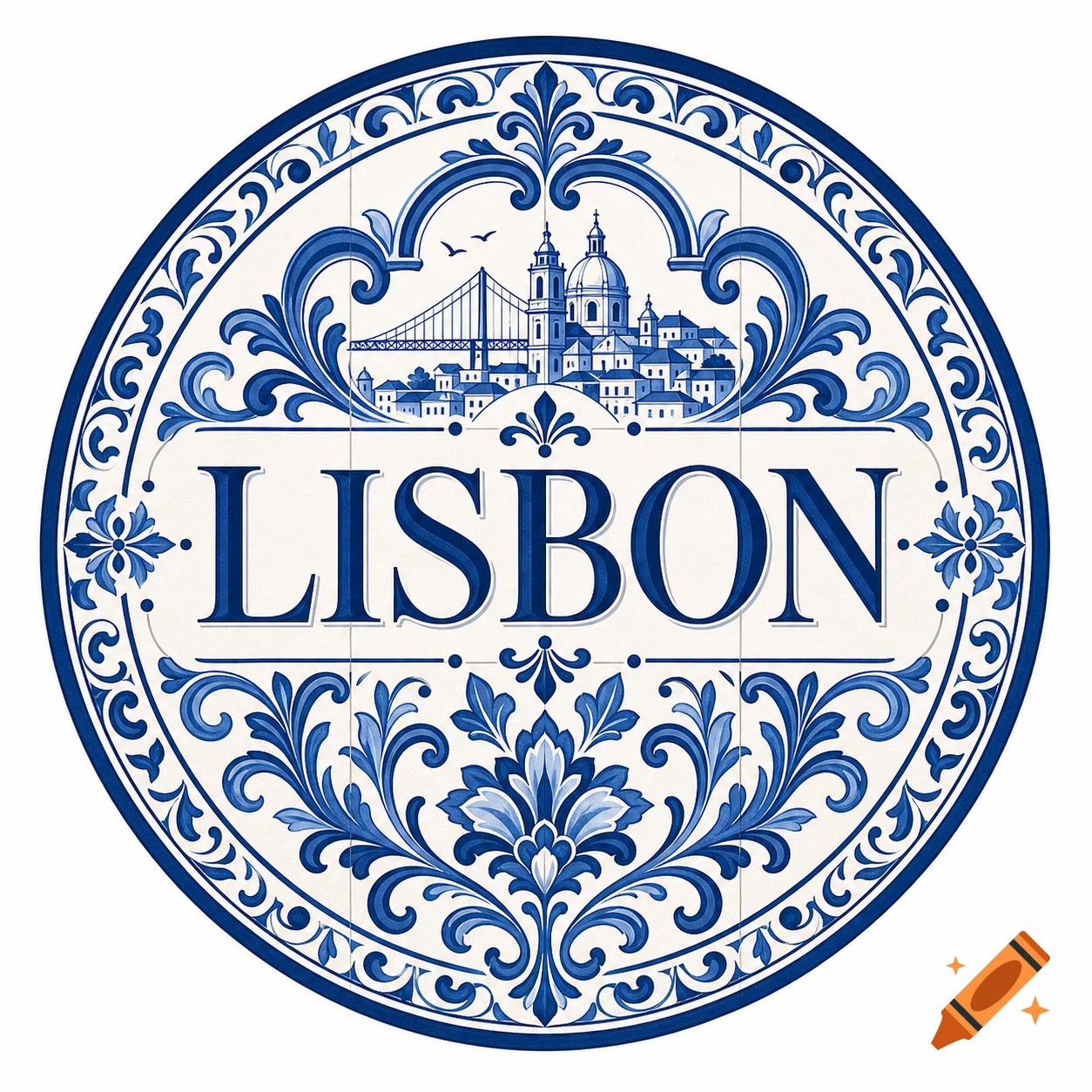 Circular blue and white Portuguese Azulejo tile style logo featuring a cityscape with a bridge and domed building, with 'LISBON' text and floral motifs.
