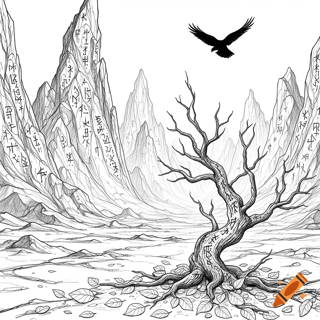 Black and white sketch of a gnarled, leafless tree in a barren landscape with rune-covered mountains and an eagle flying.