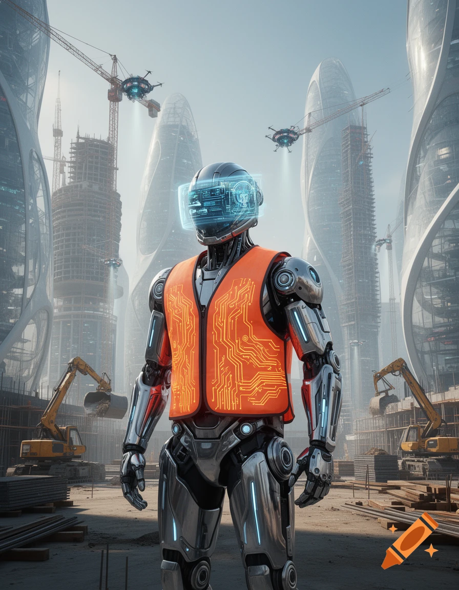 Photorealistic robot construction worker in an orange circuit-patterned vest and holographic visor, on a futuristic city construction site.