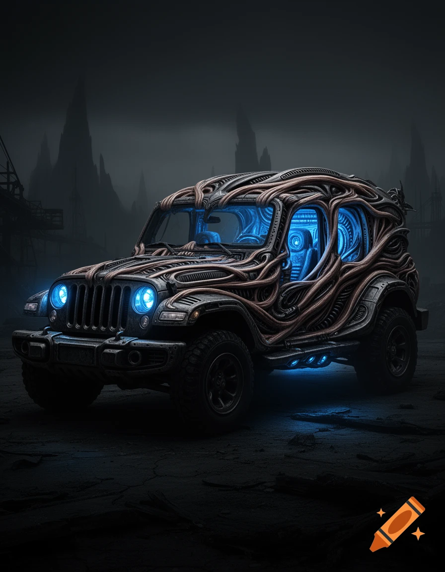 A dark, biomechanical jeep with glowing blue interior and undercarriage lights, rendered in the style of H.R. Giger, against a desolate, rocky landscape.