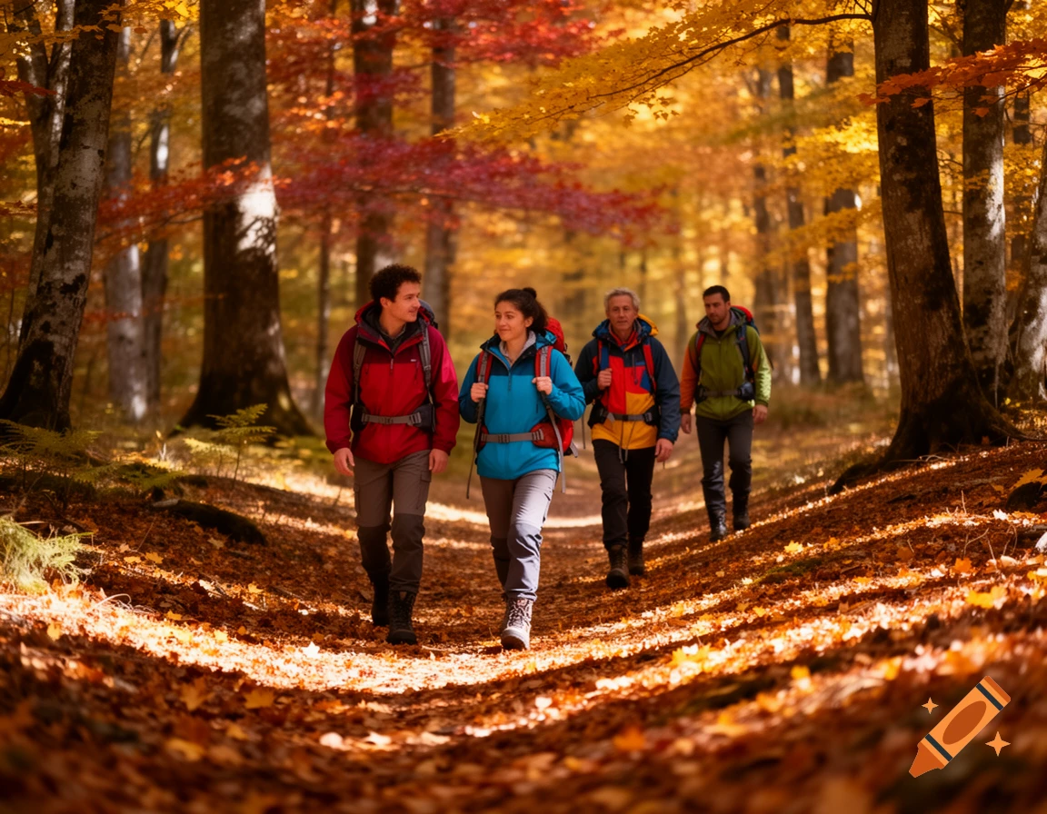 Four hikers with backpacks walk on a path covered in colorful autumn leaves in a sunlit forest.