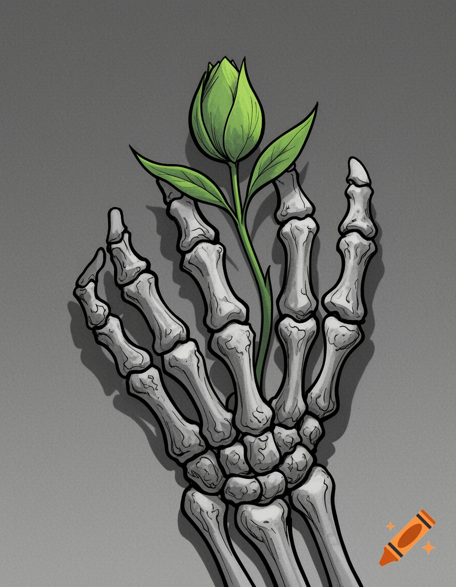 Stylized illustration of a gray skeleton hand holding a green plant bud with two leaves on a gray background.