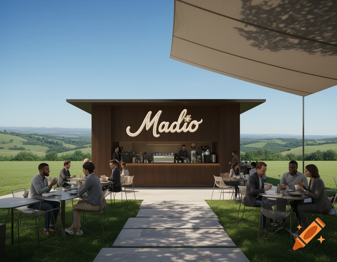 Photorealistic image of an outdoor cafe named 'Madio' with people dining in a lush, green landscape under a clear sky.