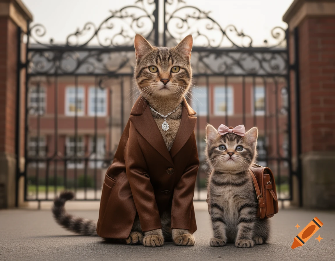 A large cat in a brown coat and necklace stands next to a kitten with a pink bow and backpack, in front of a school gate.