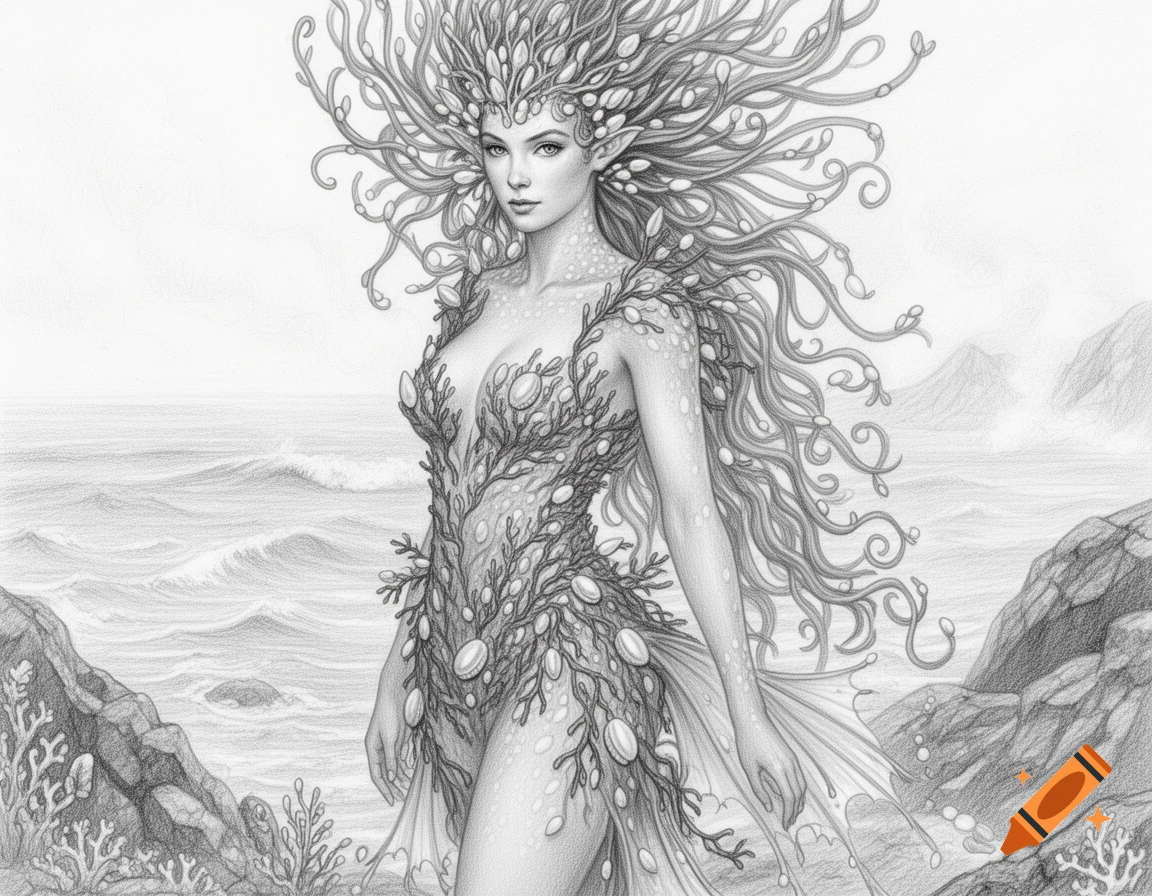Pencil drawing of a serene female sea nymph with flowing seaweed-like hair and a coral-adorned body, standing by the ocean.