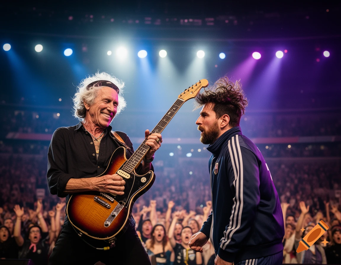 Photorealistic image of Keith Richards smiling and playing a guitar on stage next to Lionel Messi, with a cheering crowd in the background.