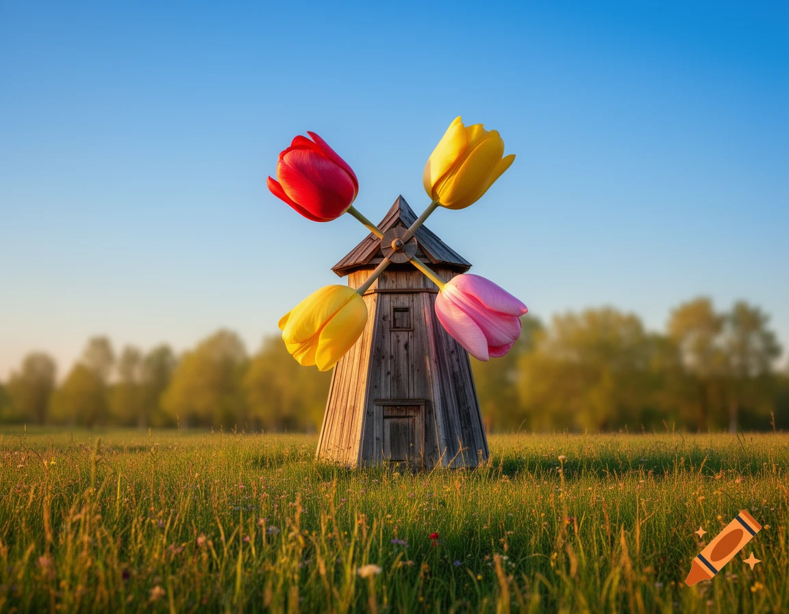 A rustic wooden windmill features red, yellow, and pink tulip petals as its blades, set in a sunlit grassy field.