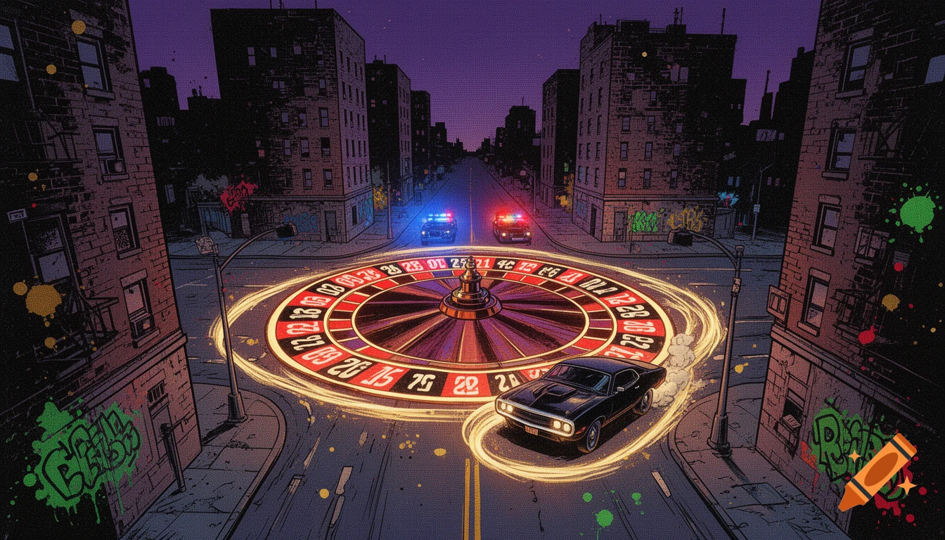 Comic book style painting of a night city intersection with a giant glowing roulette wheel on the asphalt, a muscle car drifting around it, and police lights approaching.