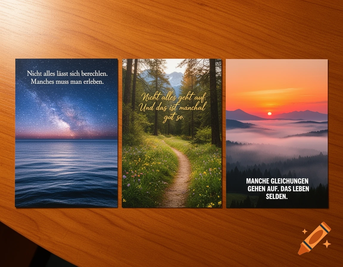 Three postcards with scenic nature views, including a starry ocean, a forest path, and a mountain sunset, all featuring German motivational quotes, displayed on a wooden table.