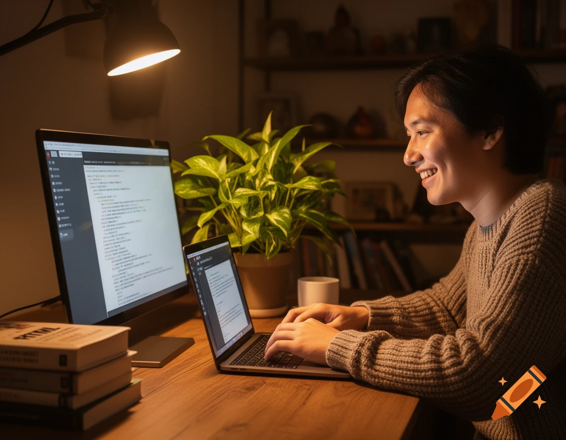 Smiling person coding on a laptop and monitor at a desk with a plant and books in a warm, dimly lit room.