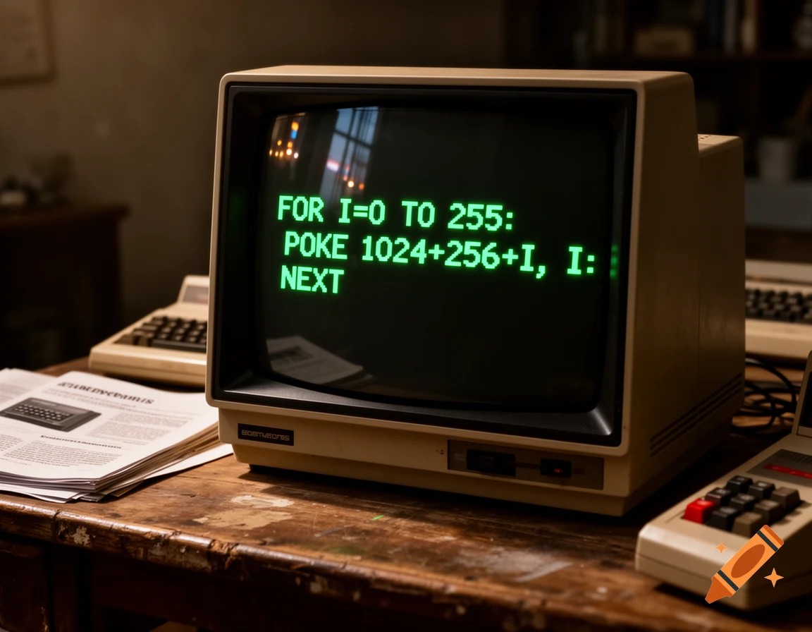 A vintage computer monitor displaying green BASIC code on a black screen, with other retro computer equipment on a wooden desk.