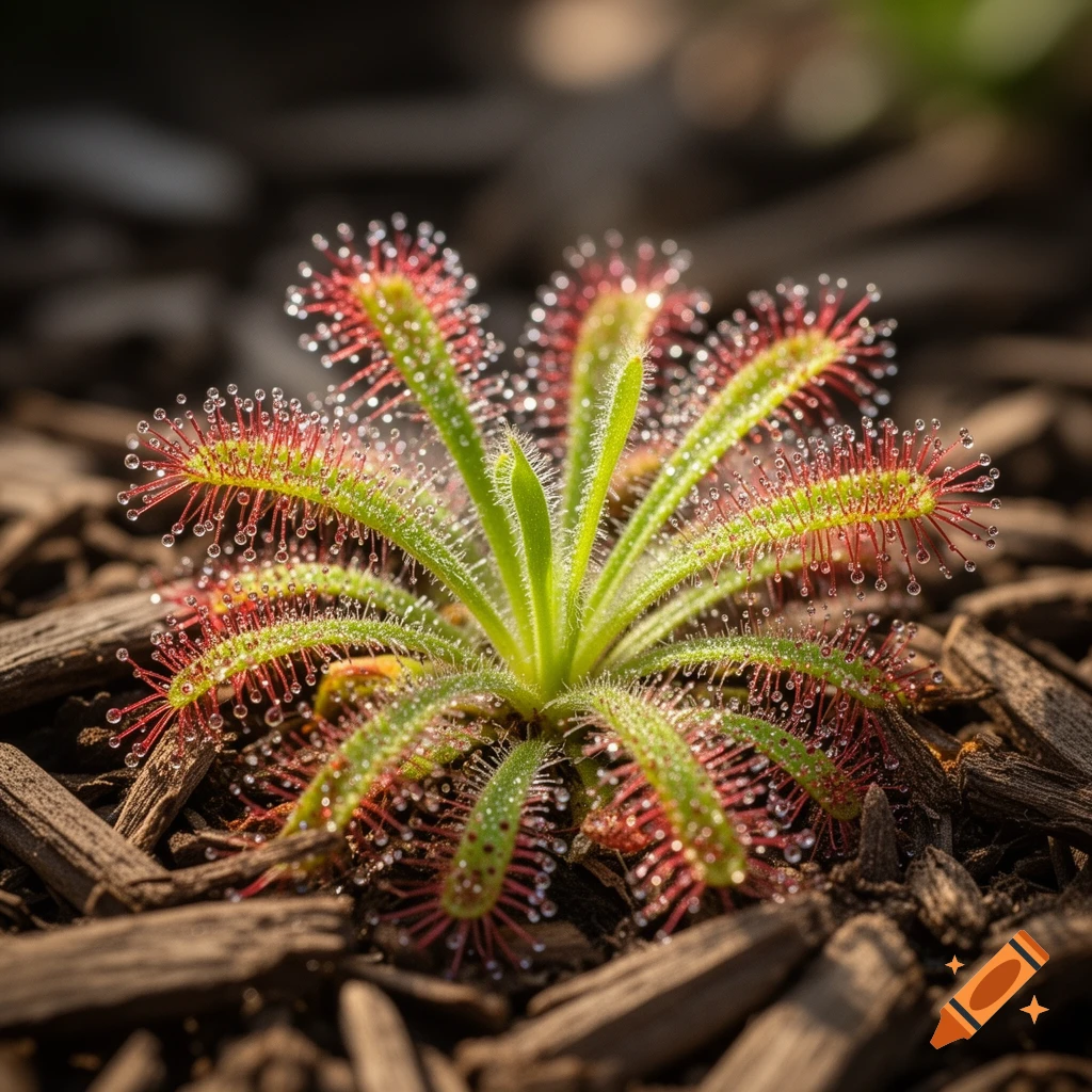 A close-up of a green and red sundew carnivorous plant covered in dew drops, growing on dark wood chips.