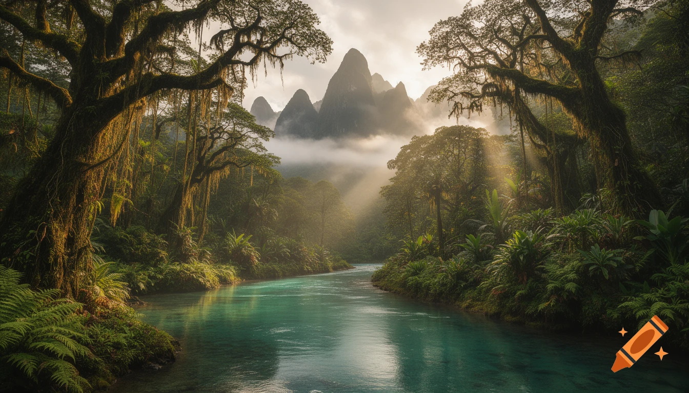 Photorealistic tropical jungle with a turquoise river, misty mountains, and golden hour sun rays filtering through trees.