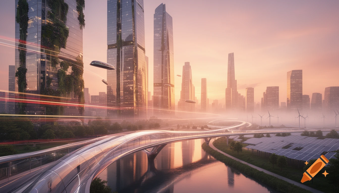 A photorealistic futuristic cityscape at sunrise with flying vehicles, sleek train, river, wind turbines, and solar panels.