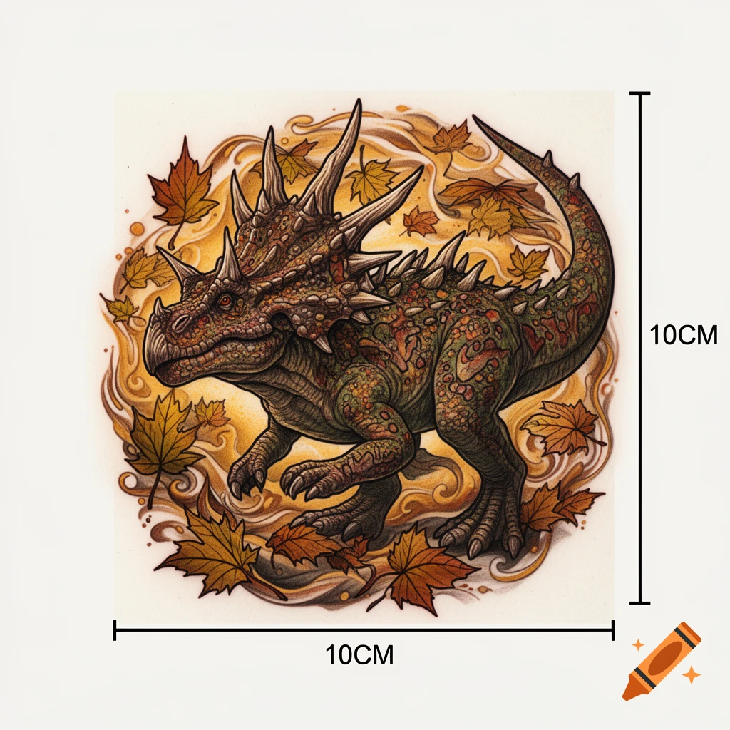 A stylized Dracorex dinosaur with spikes and scales, surrounded by golden and brown autumn leaves, on a light background with 10cm measurement lines.