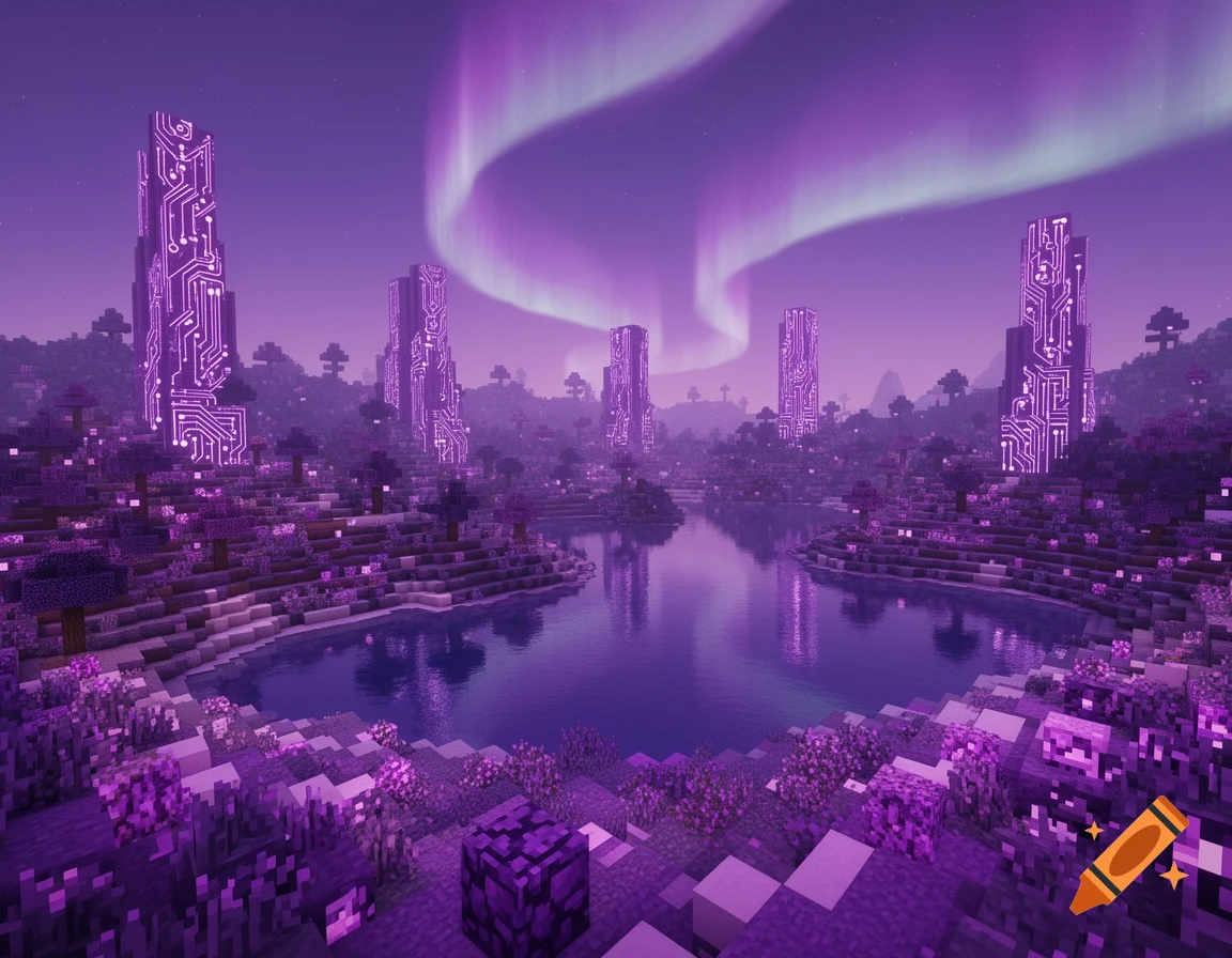 A vibrant purple Minecraft landscape with glowing circuit-like tech towers, a calm lake, and an aurora borealis.