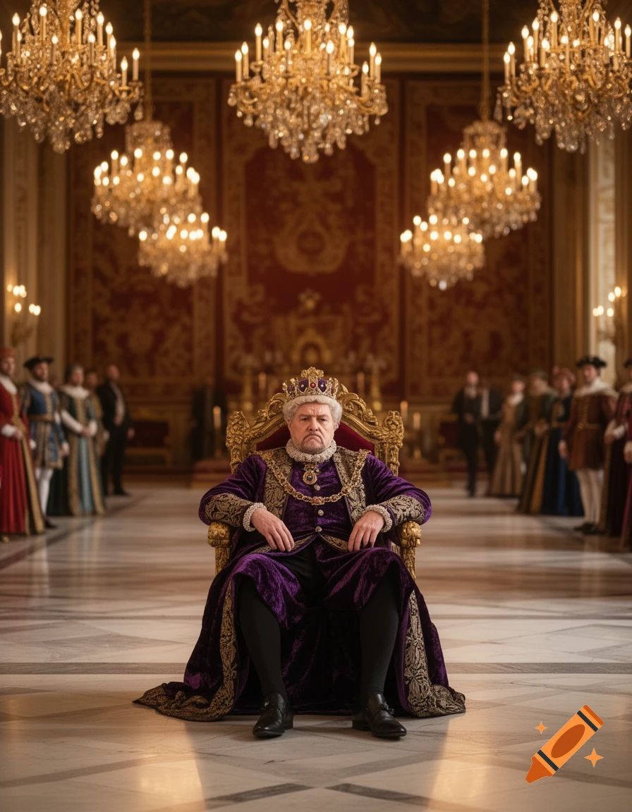 A king in a purple and gold robe sits on a golden throne in a lavish palace hall with chandeliers.