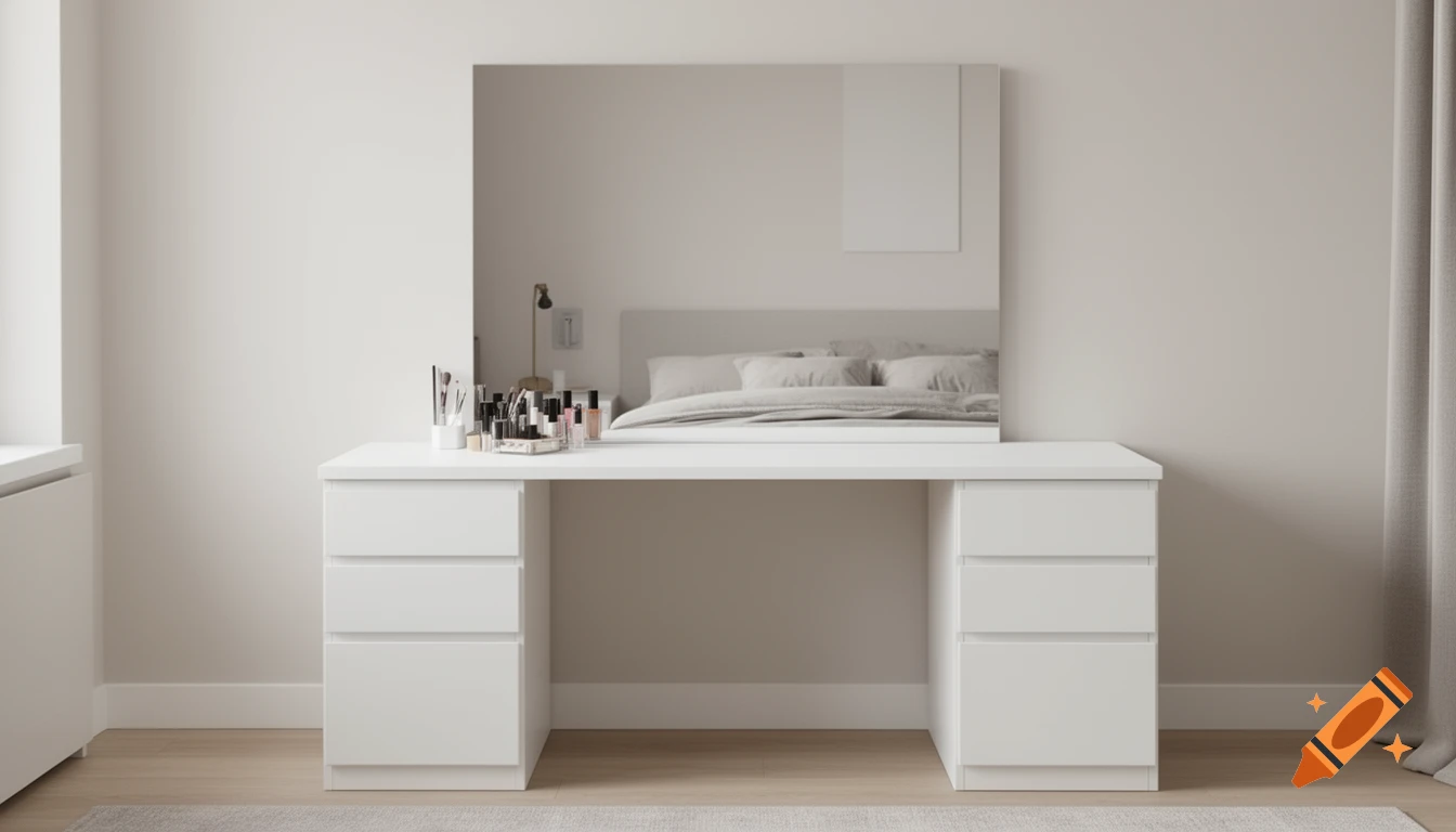A modern white vanity table with drawers and a large frameless mirror reflecting a minimalist bedroom.