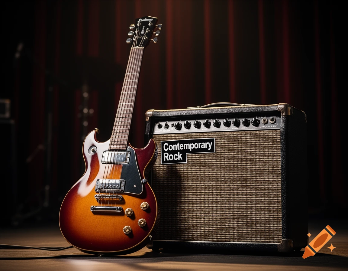 A photorealistic sunburst electric guitar leans against a 'Contemporary Rock' amplifier on a stage with red curtains.