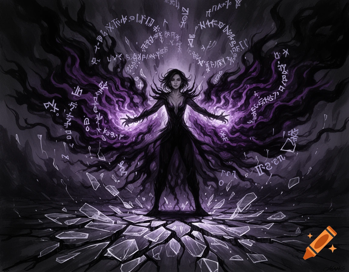 A dark fantasy illustration of a powerful young woman unleashing dark violet energy, surrounded by floating runes and shattered ground.