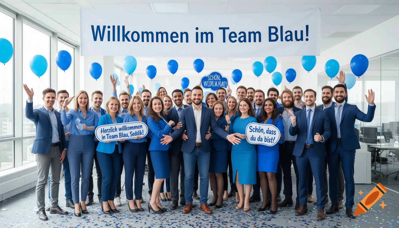 A diverse group of smiling professionals in blue attire celebrate in a bright office, holding welcome signs and surrounded by blue balloons and confetti.