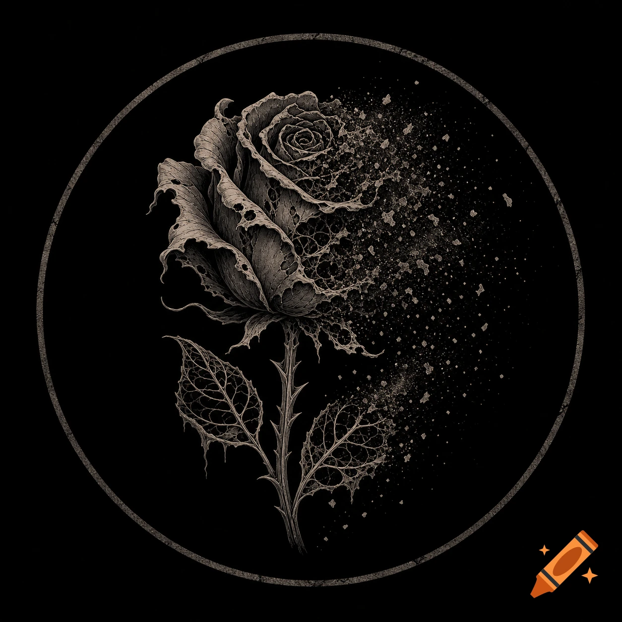 A circular graphic of a withered, skeletal rose disintegrating into ash, on a solid black background, in a flat vector style.