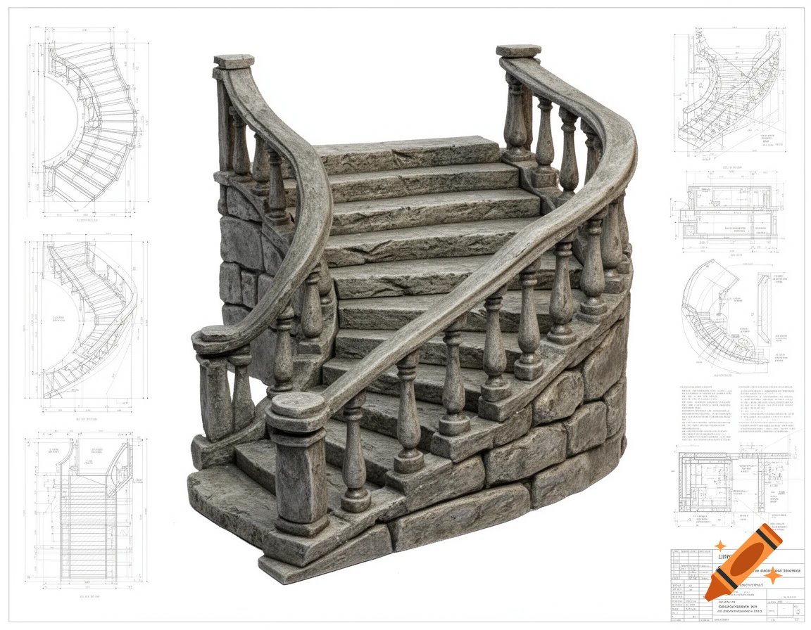 A 3D render of a curved stone staircase with balustrade, displayed next to architectural blueprints.