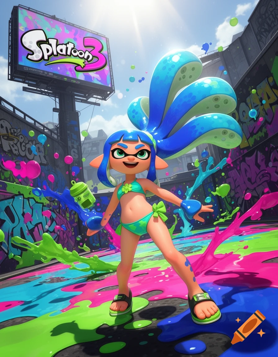 A vibrant Inkling girl in a teal bikini stands on a street splattered with pink, green, and blue ink, with a 'Splatoon 3' billboard in the background.