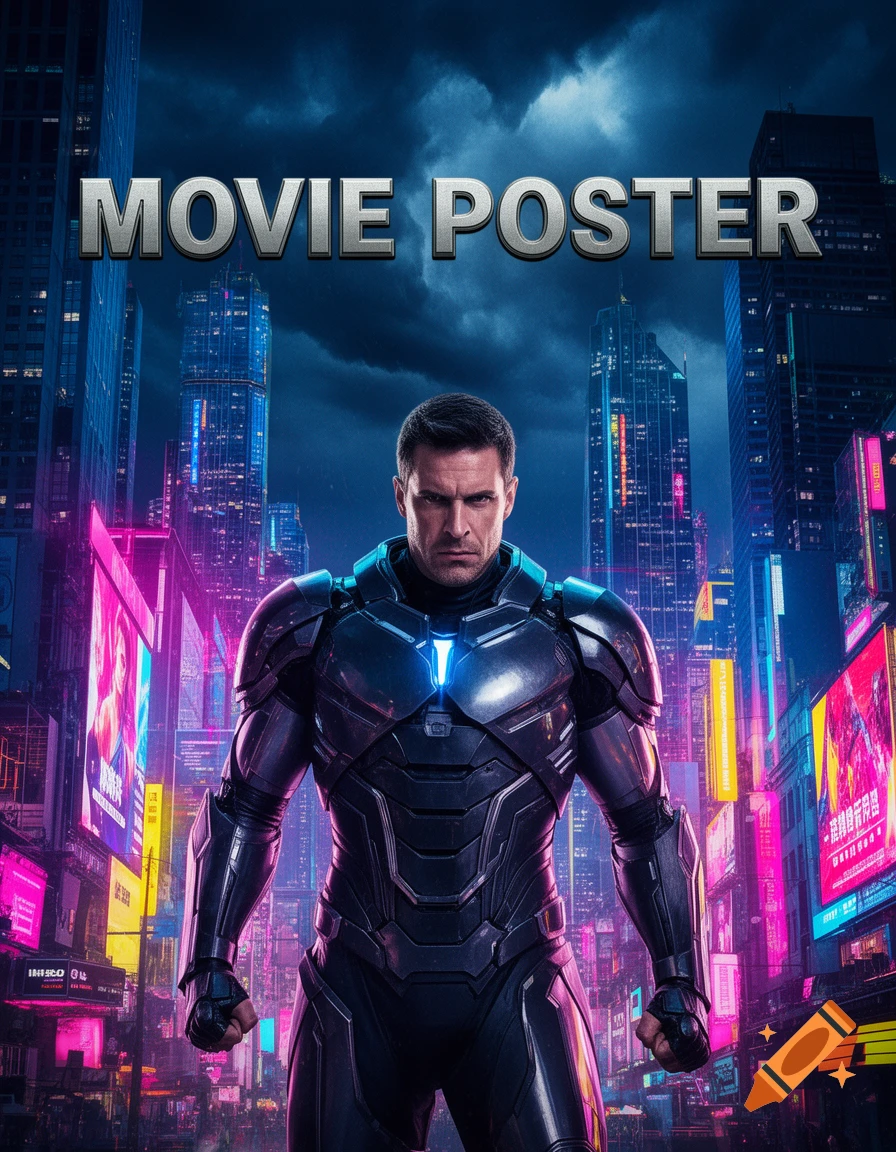Photorealistic movie poster featuring a man in a dark, armored superhero suit standing in a neon-lit cyberpunk city under a stormy sky.