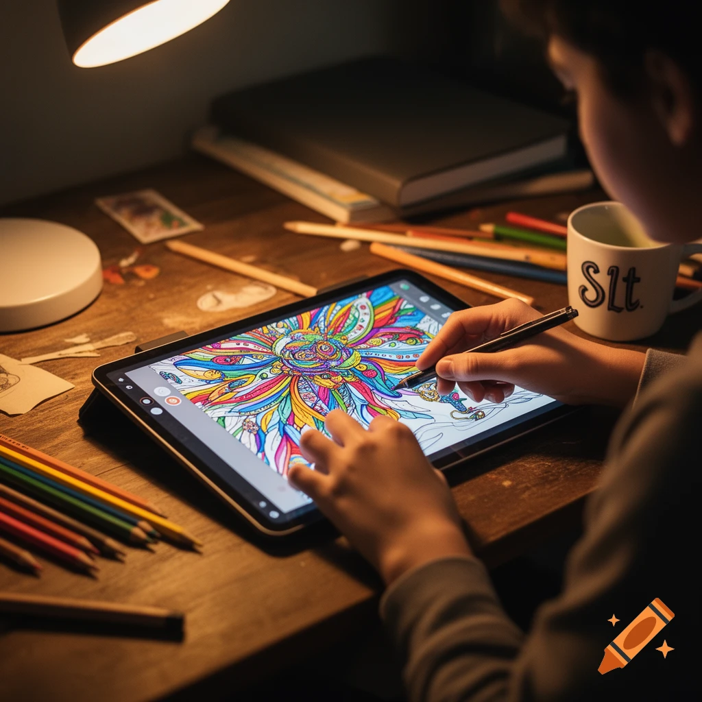 A person uses a stylus to draw a vibrant, intricate design on a tablet, with colored pencils and a mug on a wooden desk under warm lamplight.