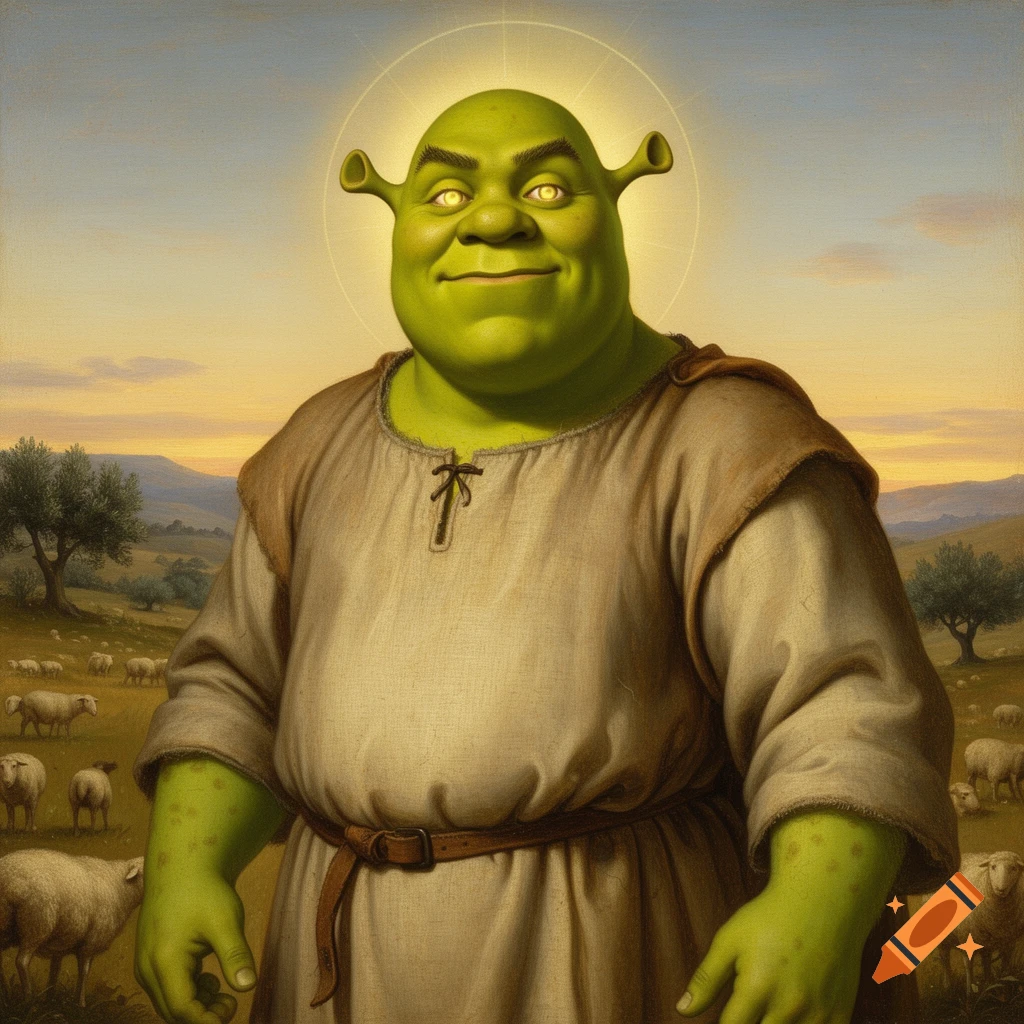 Shrek with a halo and glowing eyes, dressed in a brown tunic, stands in a pastoral field surrounded by sheep, in a classical painting style.