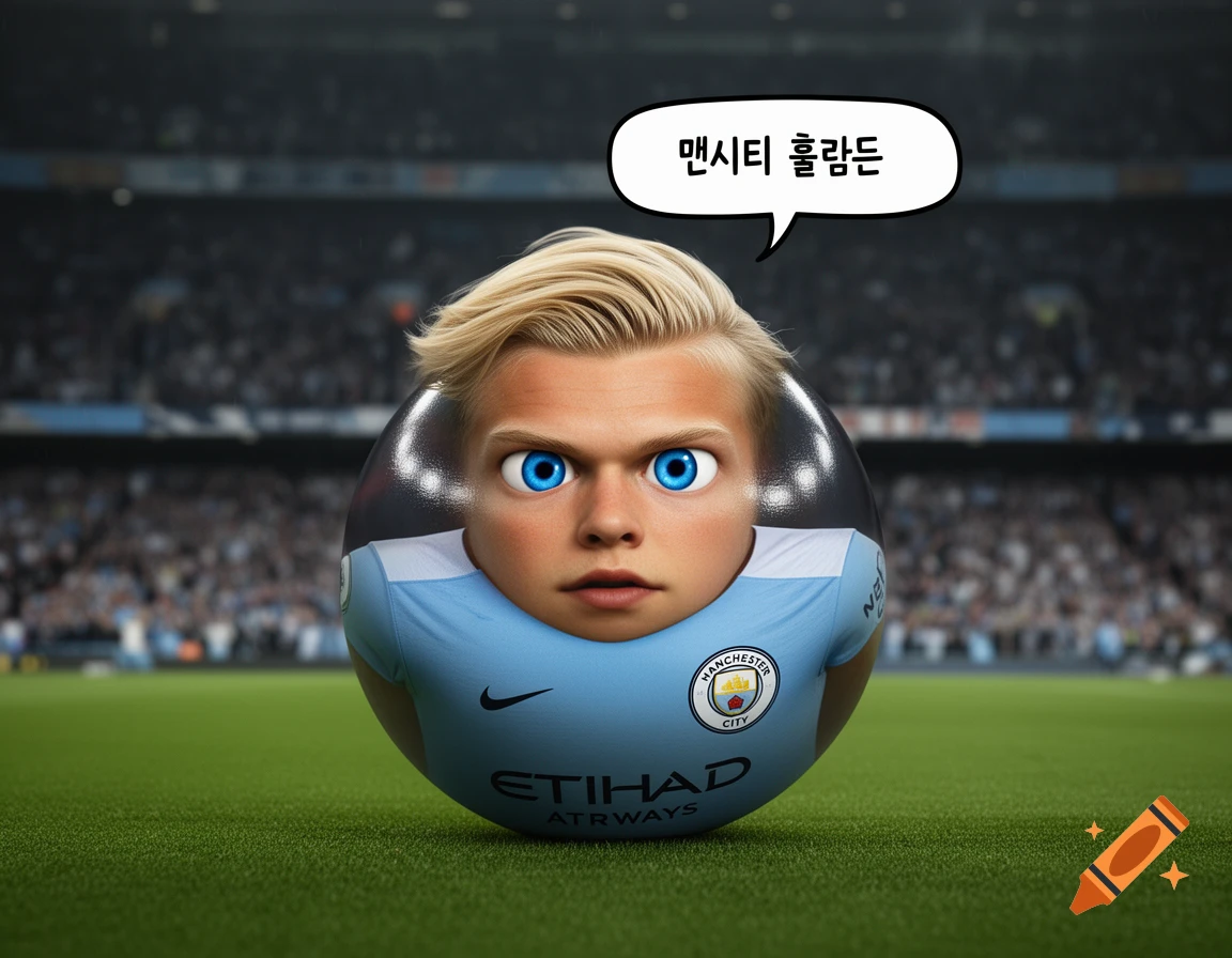 Cartoon Erling Haaland's head on a Manchester City jersey football-body on a pitch, with a speech bubble.