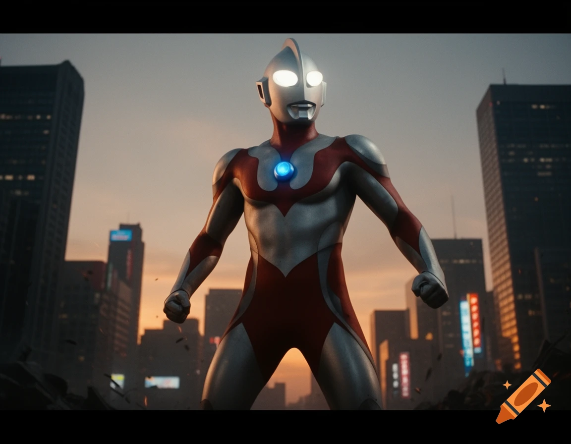 Ultraman stands heroically in a destroyed cityscape at sunset, with tall buildings visible in the background, photorealistic style.