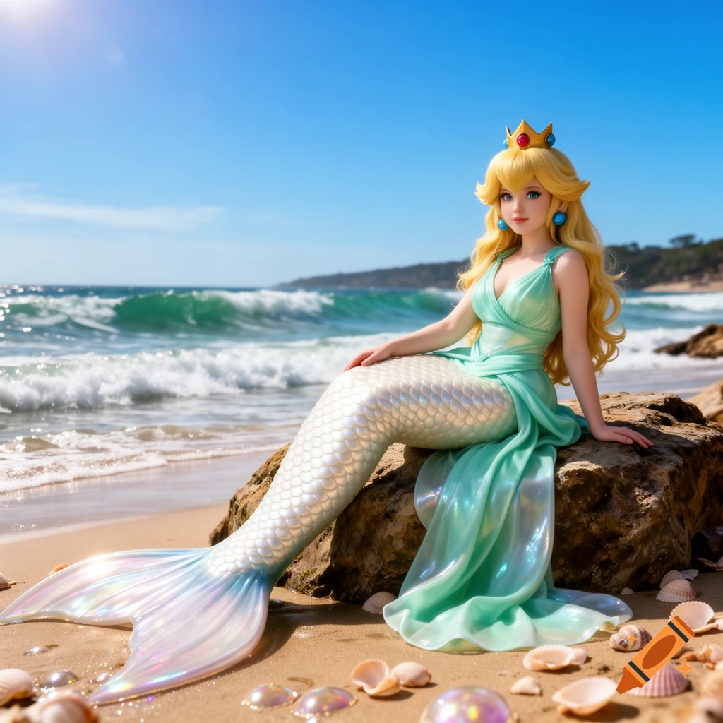 Mermaid Princess Peach with a golden crown and flowing blonde hair sits on a rock on a sandy beach with ocean waves.