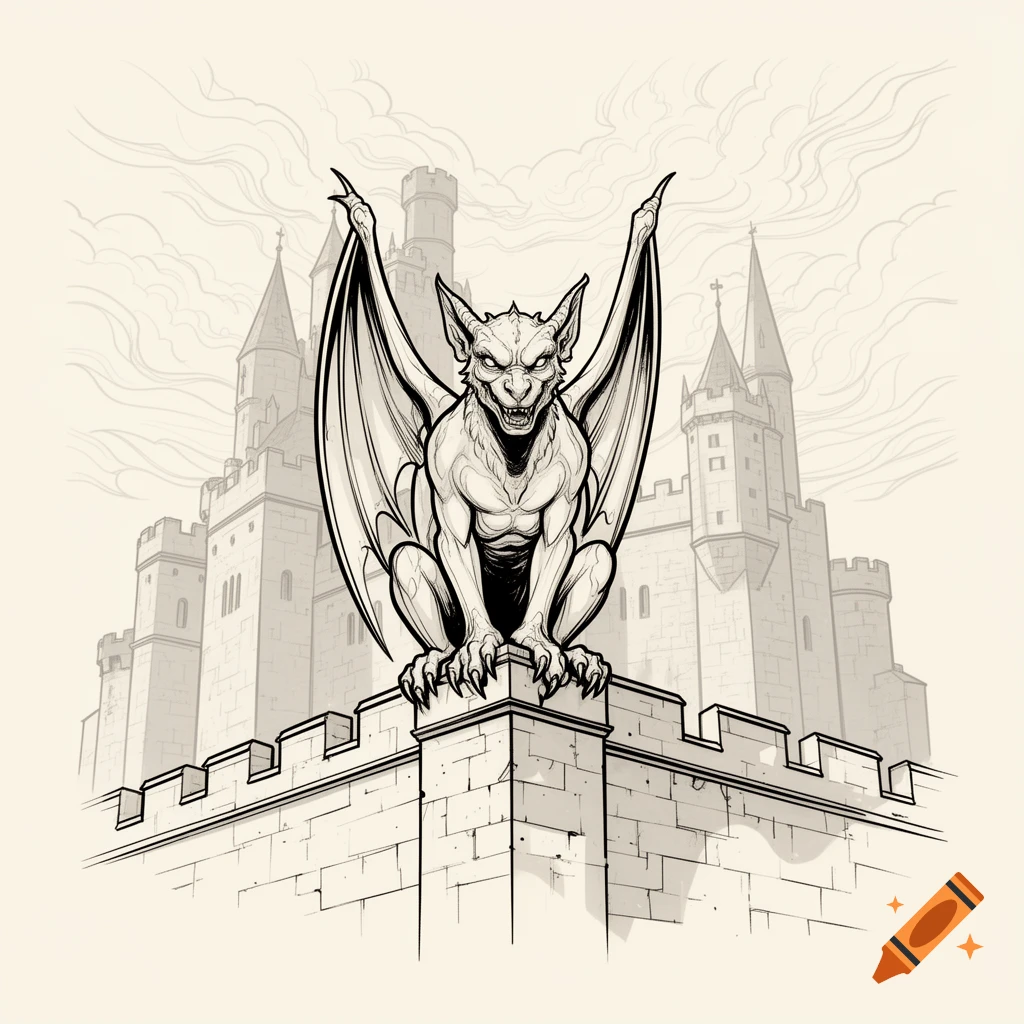 A line art illustration of a fierce, winged gargoyle perched on a castle battlements, with more castle towers in the background.