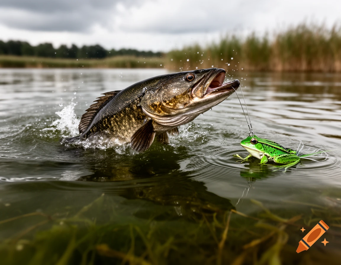 A large fish leaps from murky water to bite a green frog lure, with splashes and reeds in the background, in a photorealistic style.