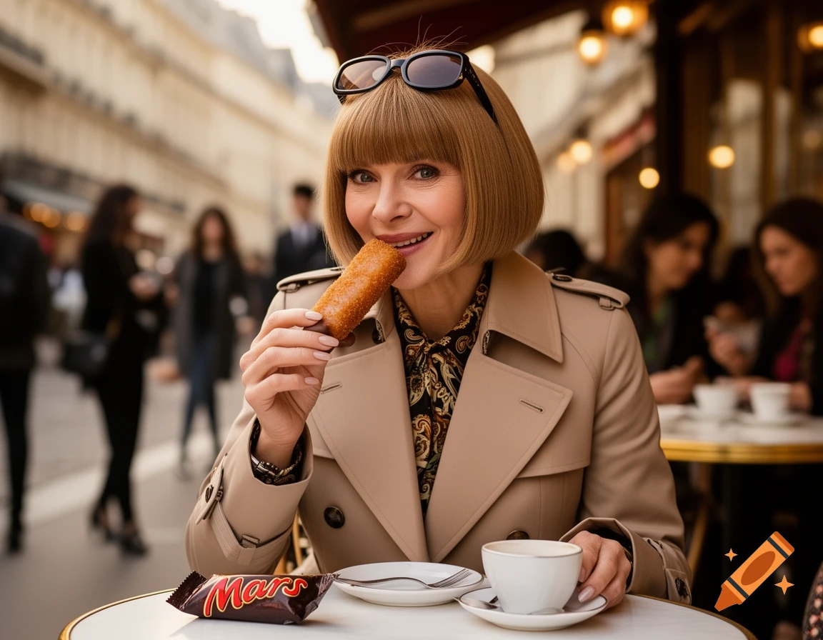 Anna Wintour in a trench coat eats a deep-fried Mars bar at an outdoor cafe table.