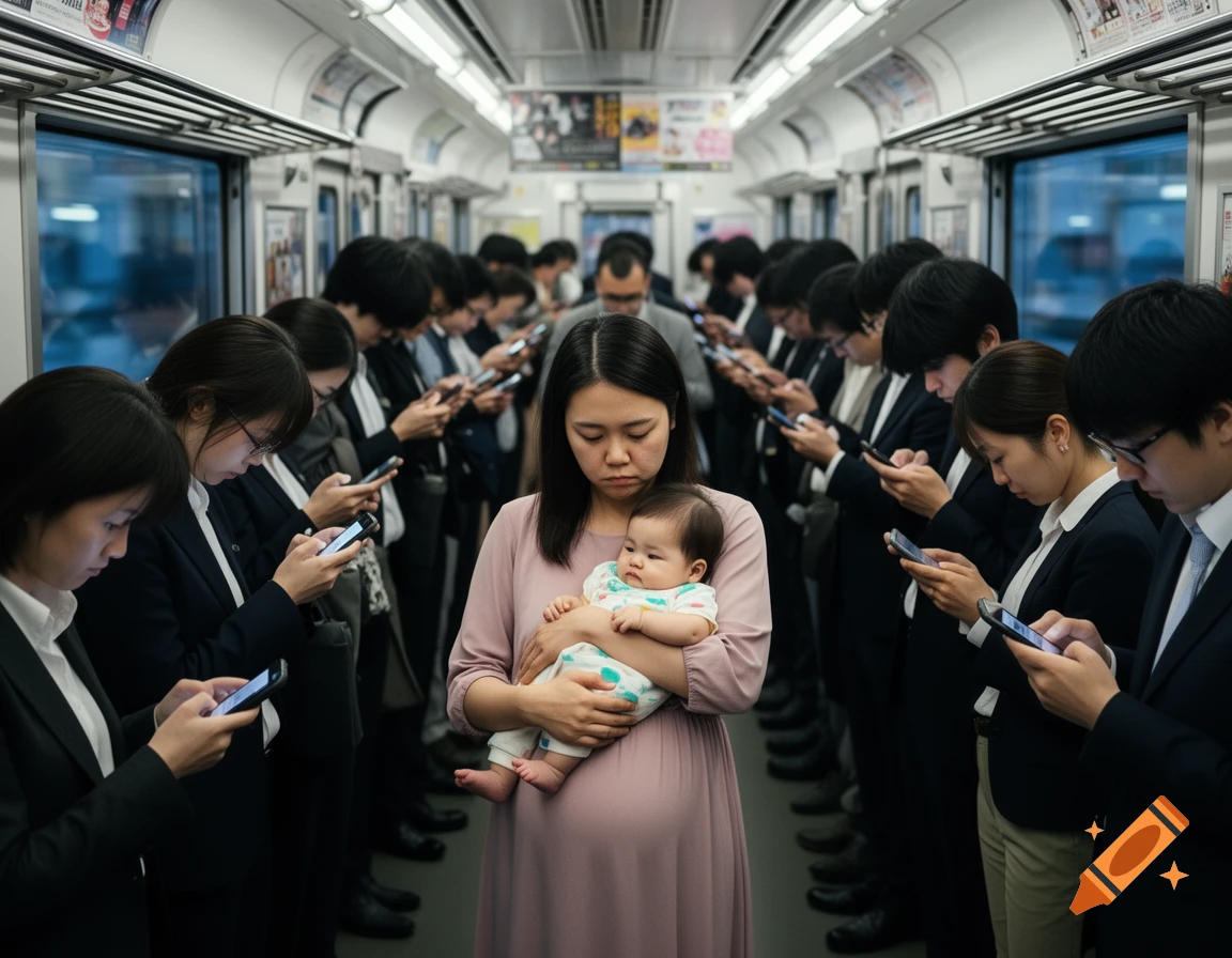 A pregnant woman holding a baby stands in a crowded train while other passengers look at their phones, photorealistic style.