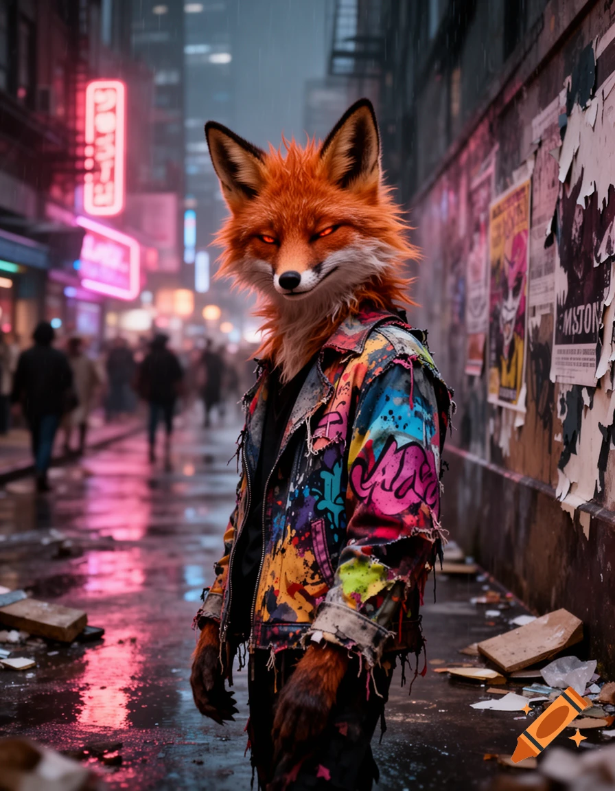 An anthropomorphic fox with glowing eyes in a colorful, graffiti-covered jacket stands on a wet, neon-lit cyberpunk street.