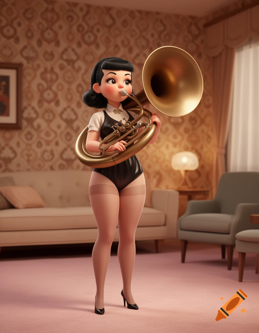A stylized 3D cartoon woman with black hair in a black leotard and pantyhose plays a large golden tuba in a vintage-style living room.