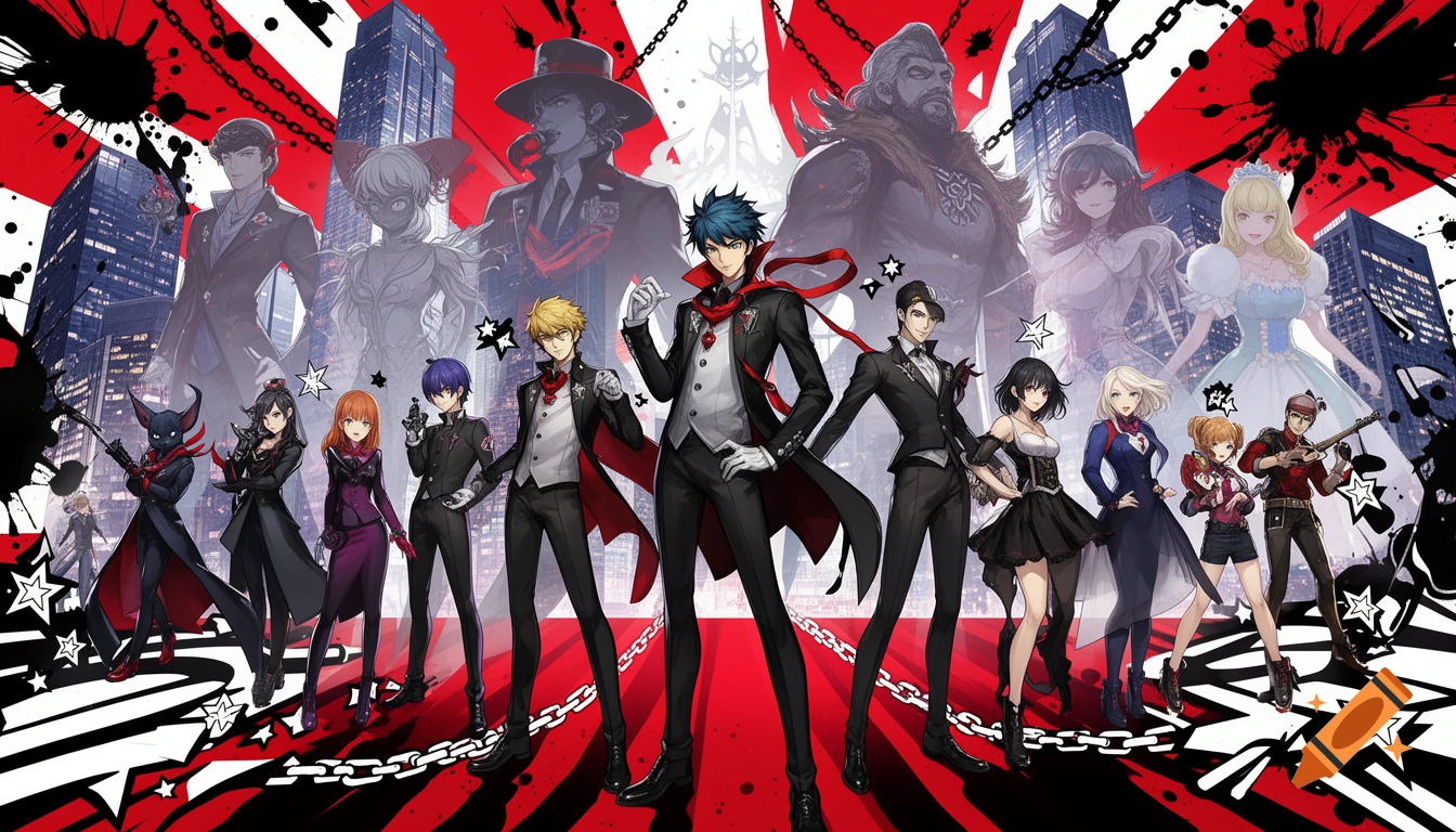 Group of anime characters in dynamic poses against a red, white, and black stylized city background with chains and stars, in Persona 5 style.